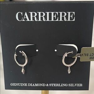 Carrier and Sterling Silver Huggie Hoop Earrings with Diamond Charm - Silver